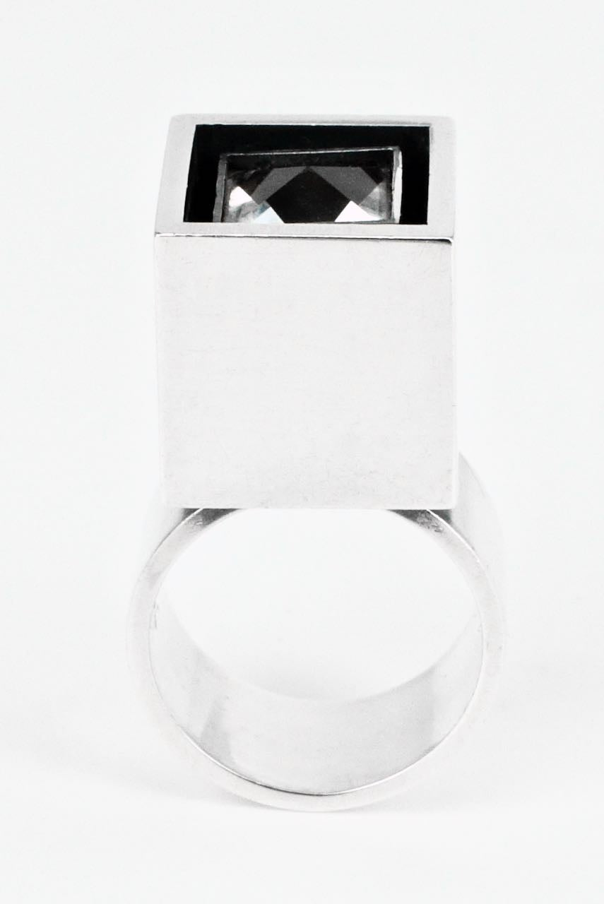 Vintage Hans Hansen Sterling Silver and Rock Crystal Box Ring 1970s