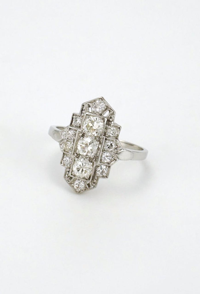 Vintage Art Deco Diamond and Platinum Lozenge Plaque Ring 1940s