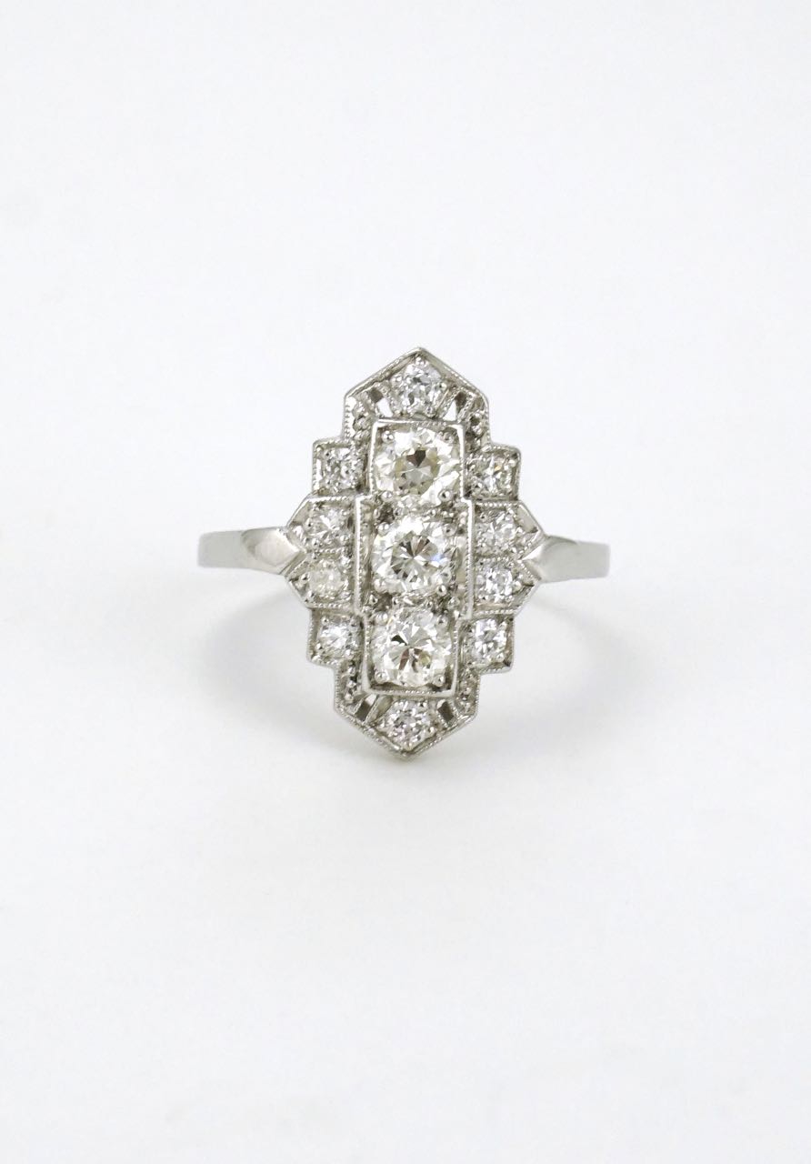 Vintage Art Deco Diamond and Platinum Lozenge Plaque Ring 1940s