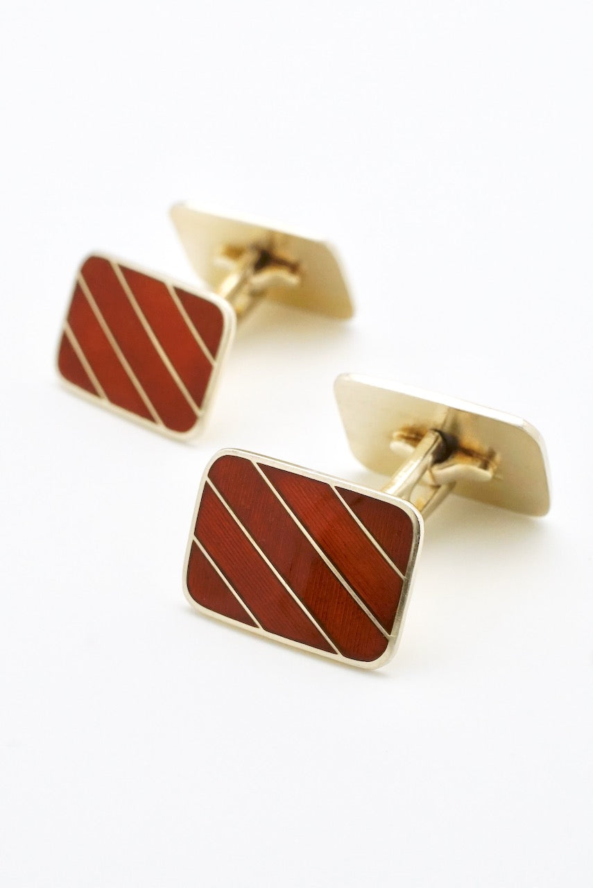 Vintage Norwegian Sterling Silver Red Enamel Rectangular Cufflinks - 1950s