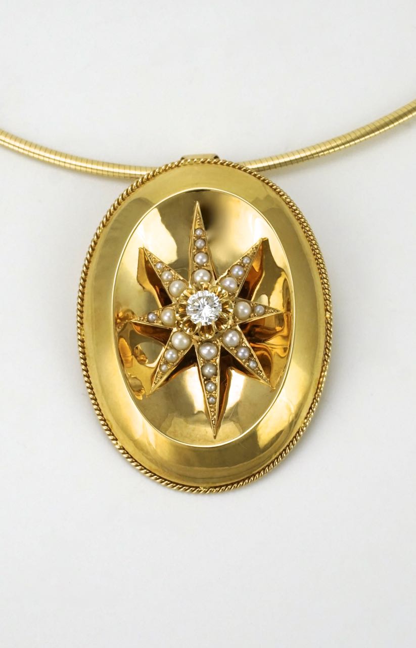 18k yellow gold, diamond and pearl oval star pendant and collier 1960s