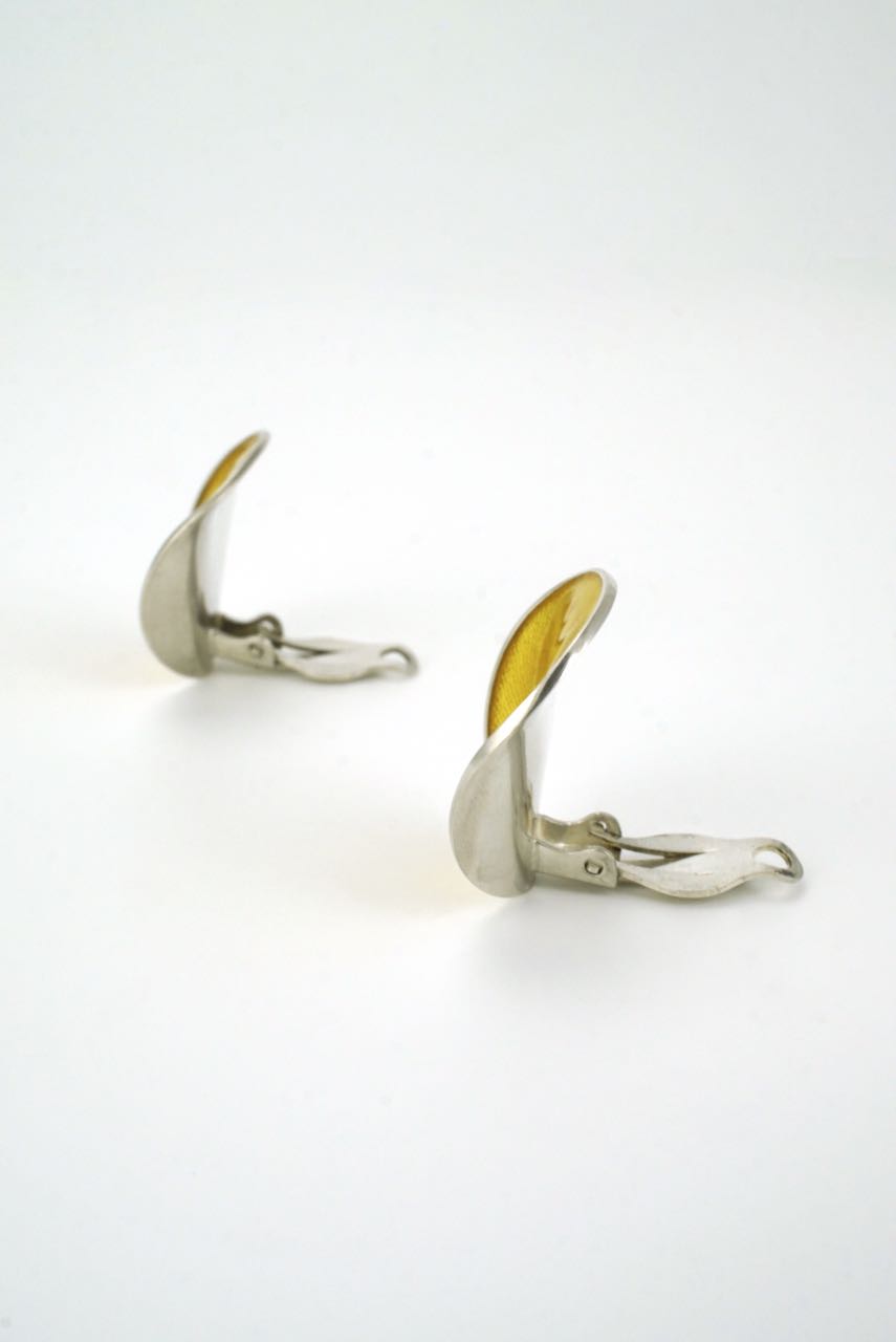 Norwegian silver and yellow vintage enamel clip earrings 1960s