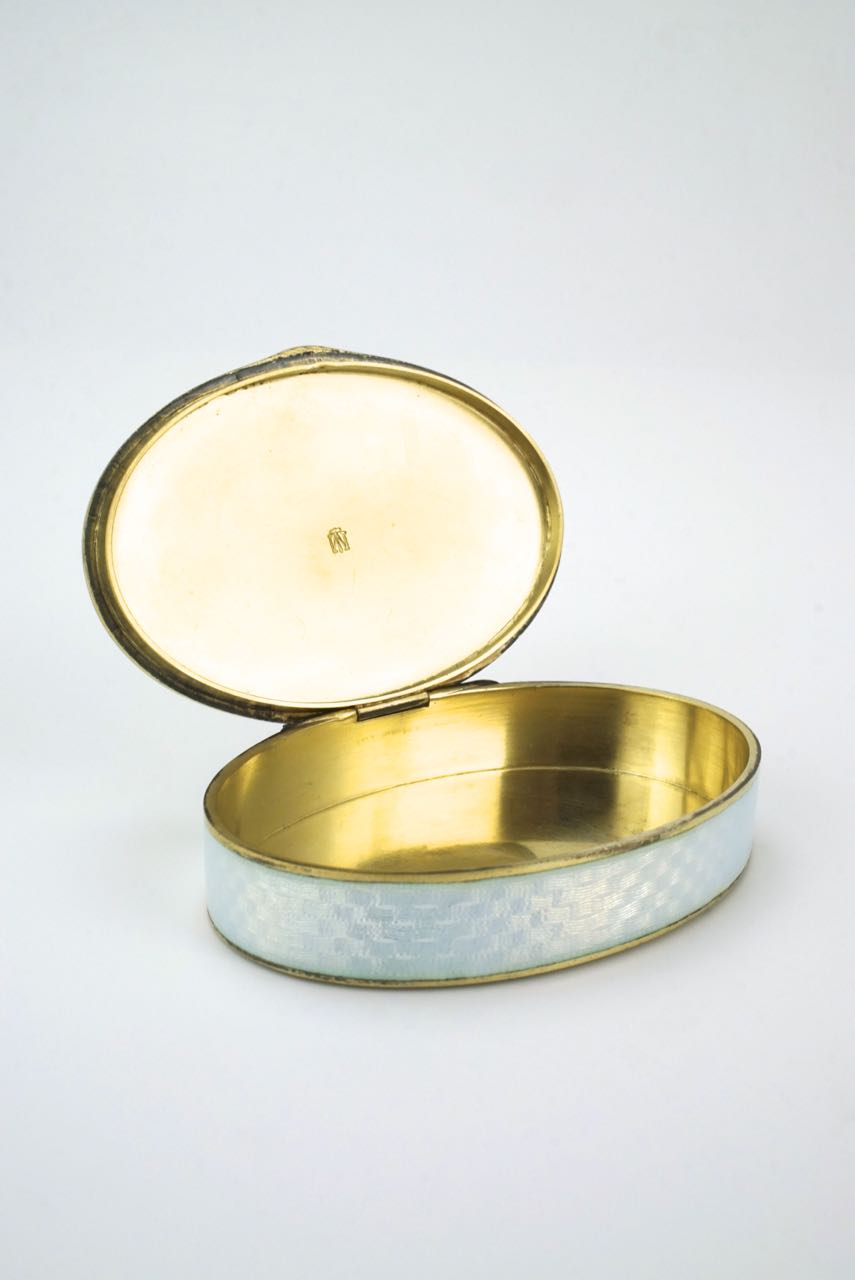 Antique Marius Hammer silver opalescent enamel oval box 1920s