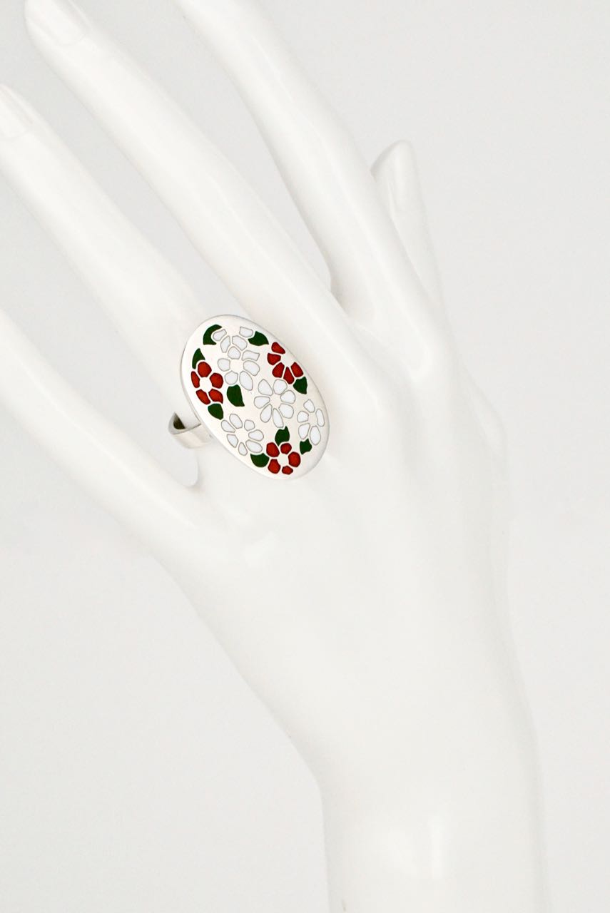 Vintage Georg Jensen Sterling Silver Floral Enamel Ring - Astrid Fog - Design 165