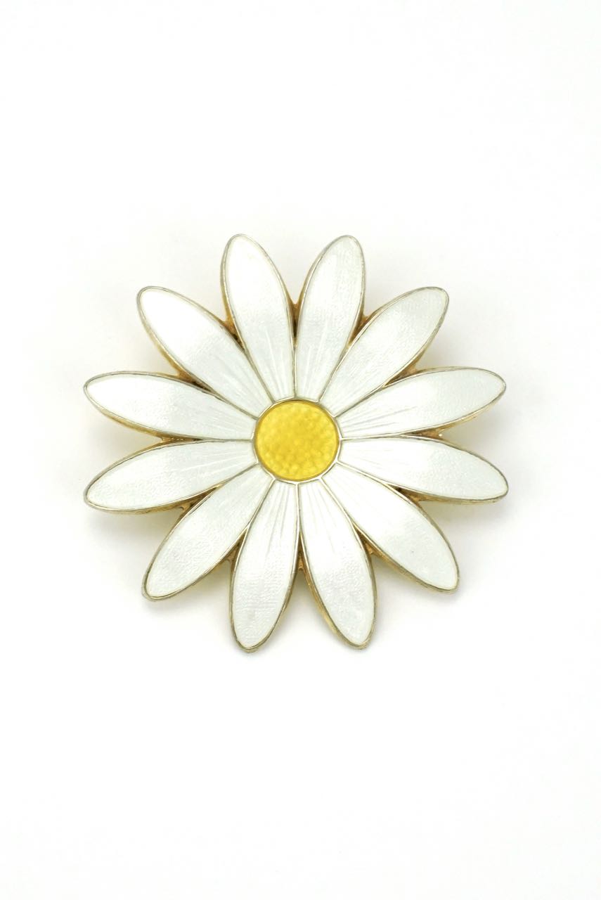 Norwegian large silver white daisy enamel brooch 1950s
