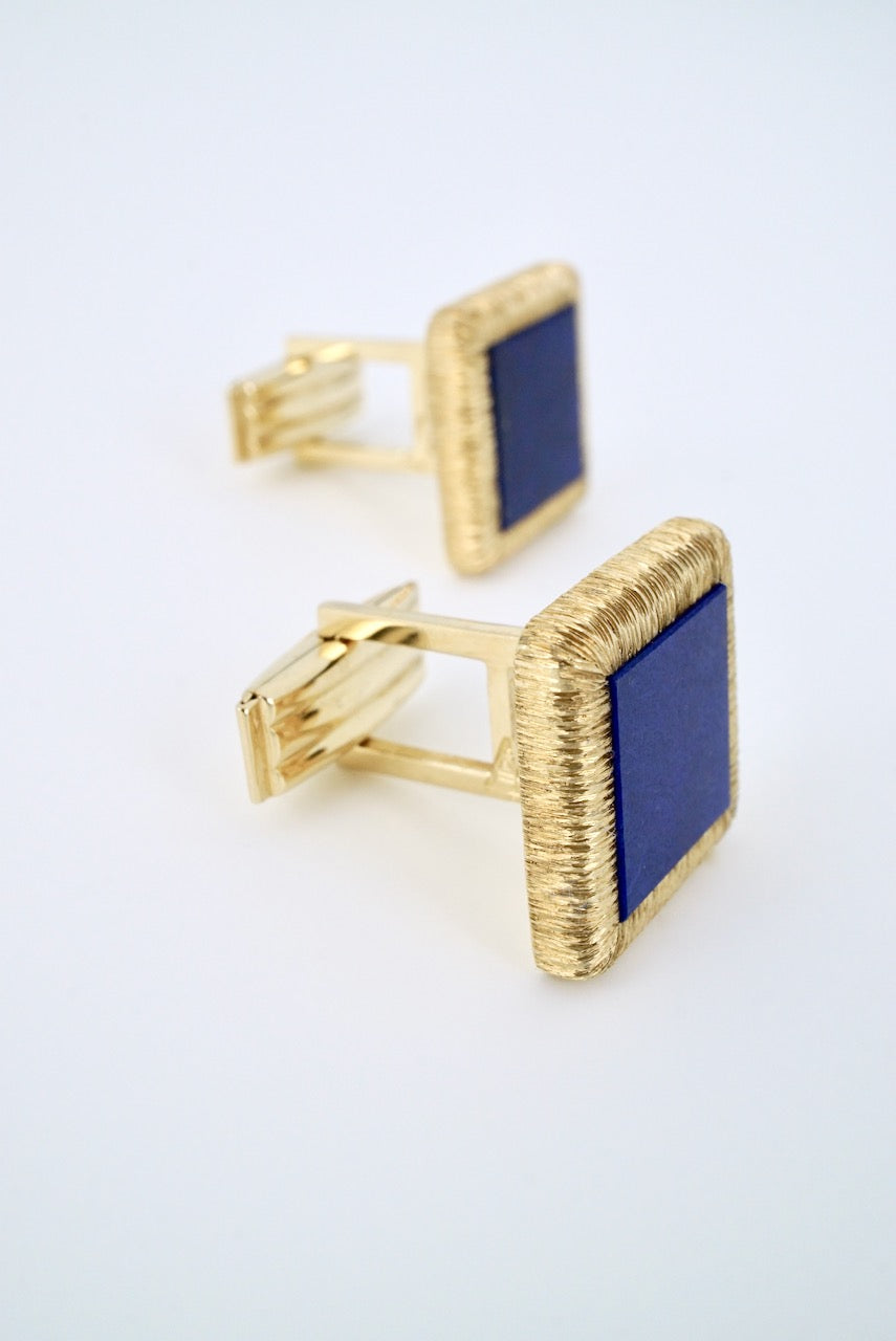 Vintage 14k Yellow Gold Lapis Lazuli Square Cufflinks 1960s
