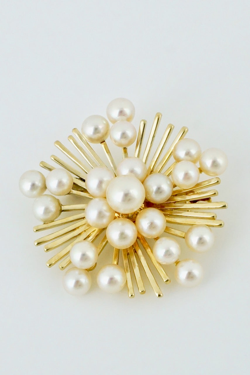 Vintage Mikimoto 14k Yellow Gold Pearl Starburst Pin Brooch