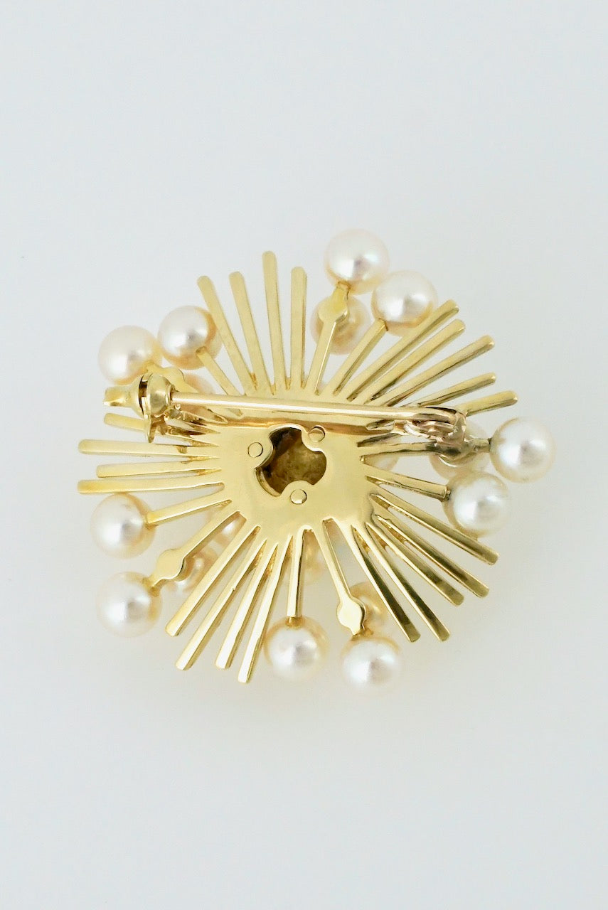 Vintage Mikimoto 14k Yellow Gold Pearl Starburst Pin Brooch