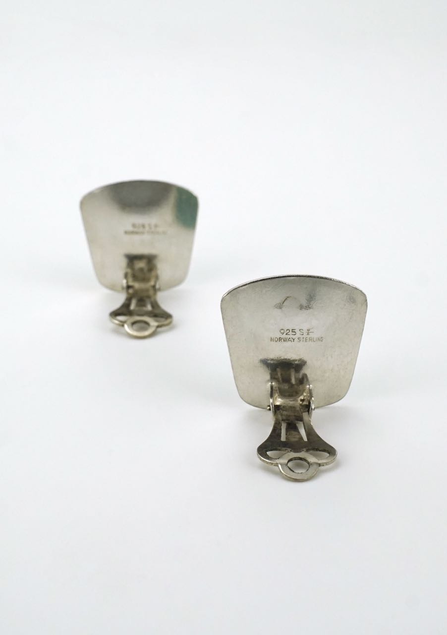 Vintage Norwegian Silver and Green Enamel Rasmussen Clip Earrings 1960s
