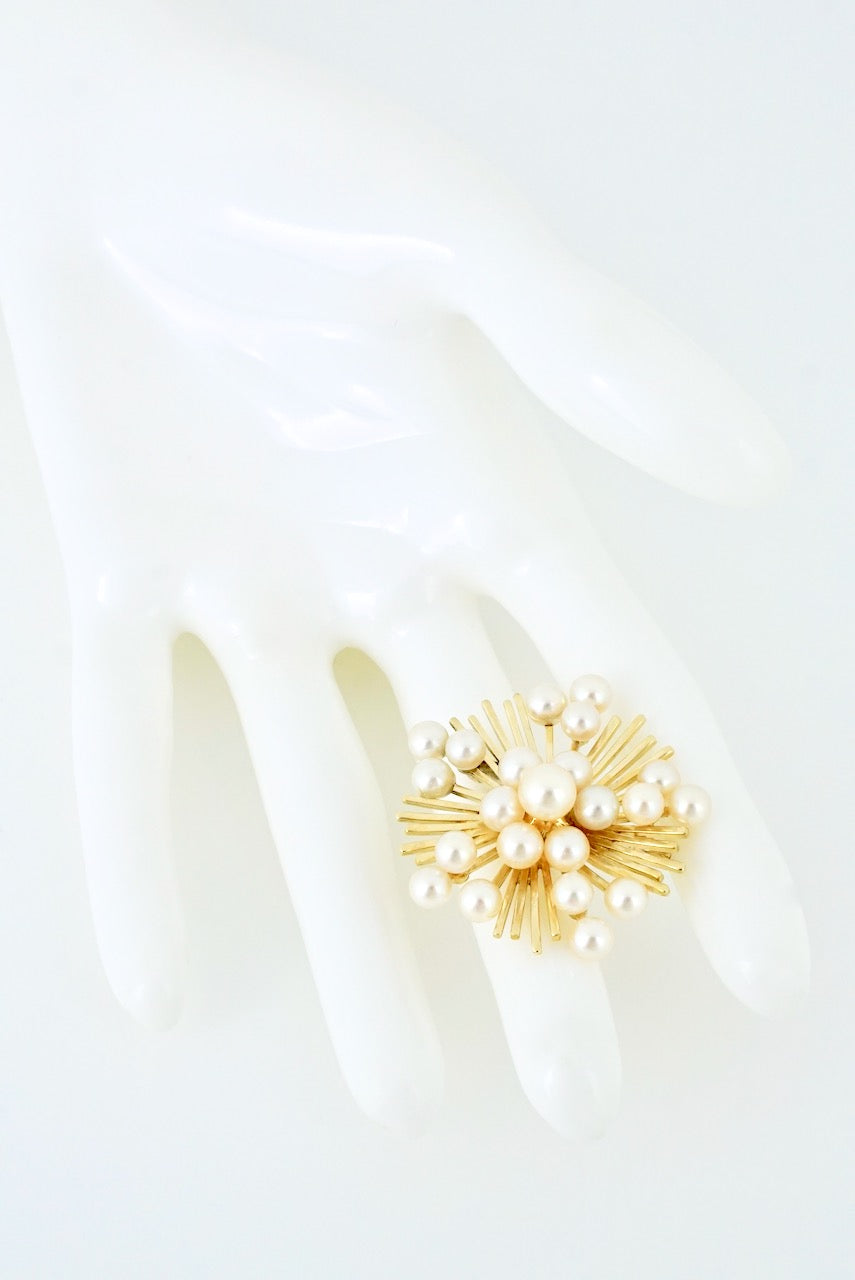 Vintage Mikimoto 14k Yellow Gold Pearl Starburst Pin Brooch