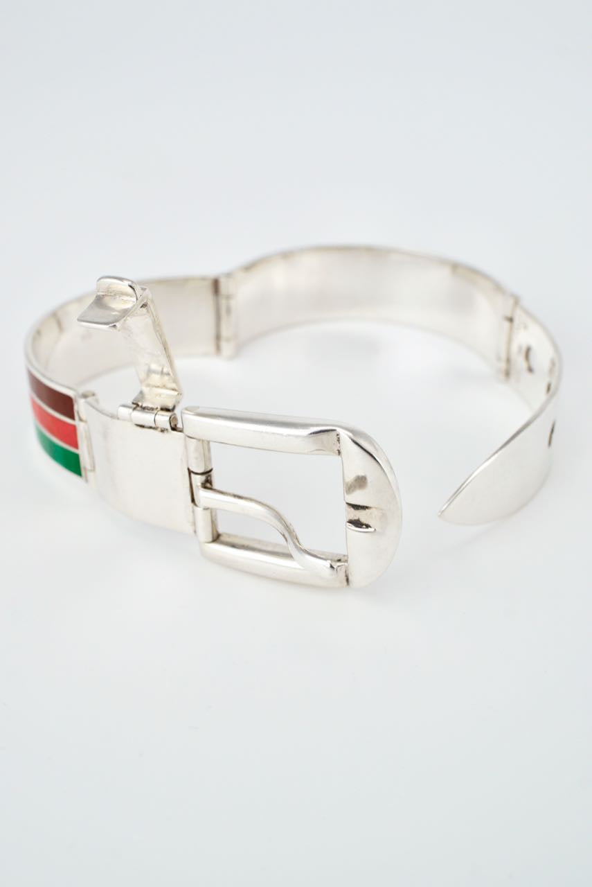 Vintage Gucci Sterling Silver Enamel Belt Buckle Bracelet 1960s