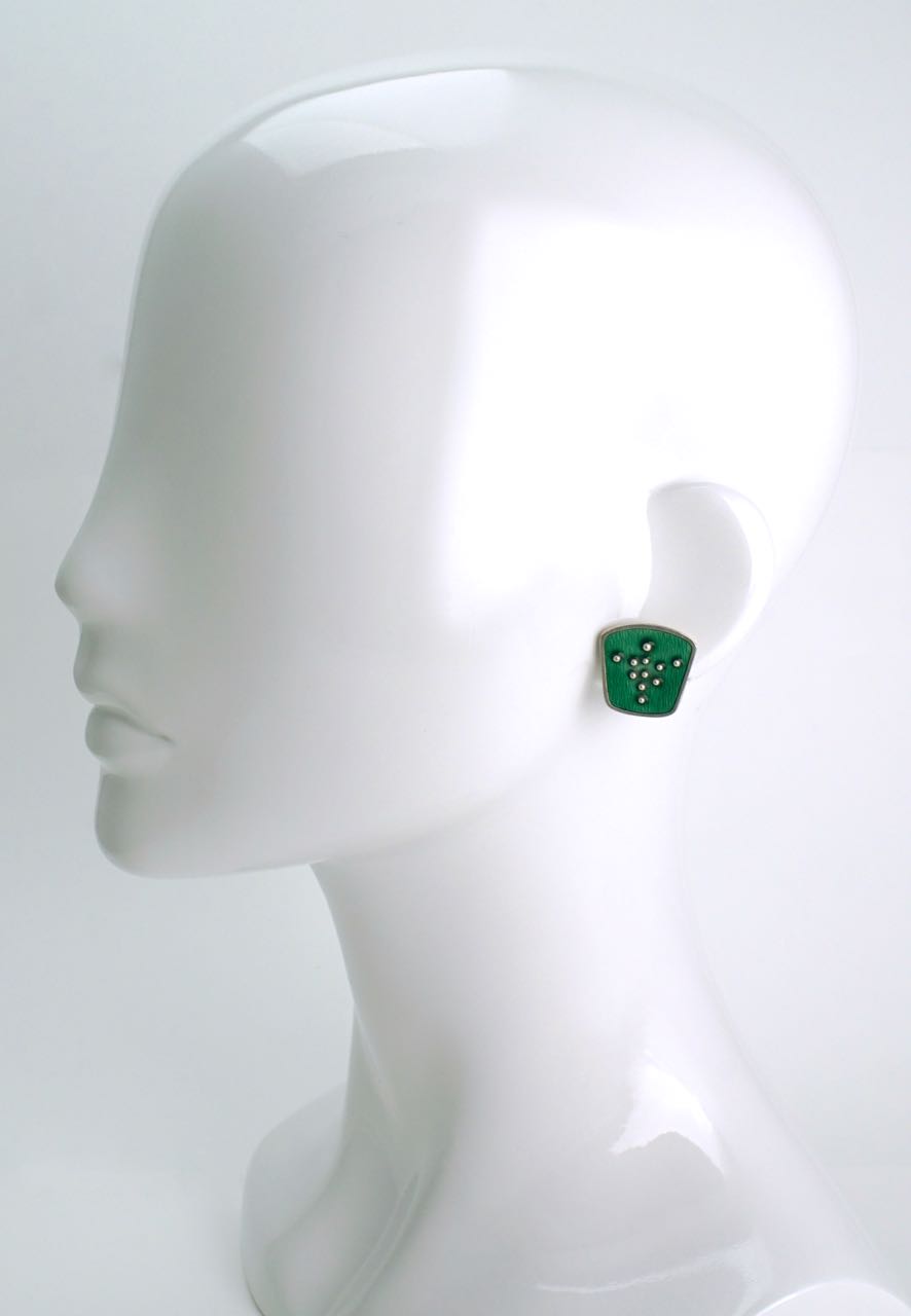 Vintage Norwegian Silver and Green Enamel Rasmussen Clip Earrings 1960s