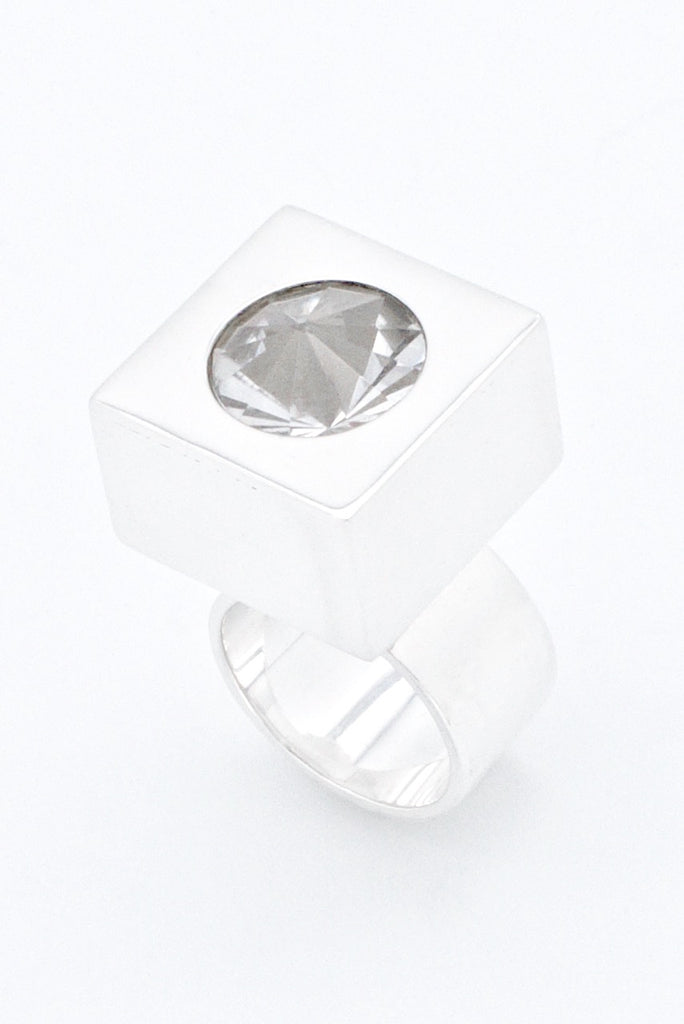 Vintage Hans Hansen Sterling Silver and Rock Crystal Cube Ring 1970s