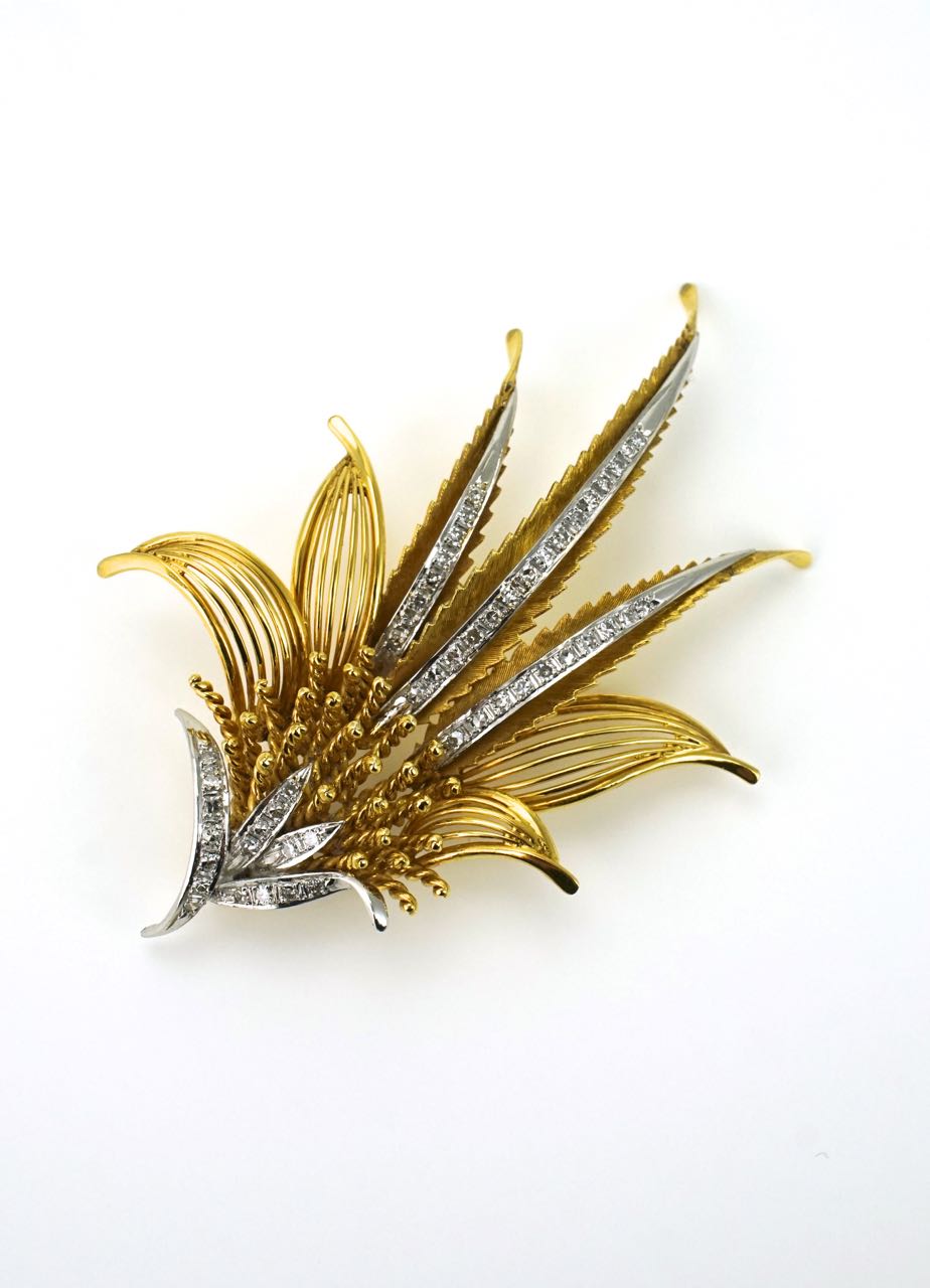 14k yellow gold diamond fern spray brooch pin 1950s USA