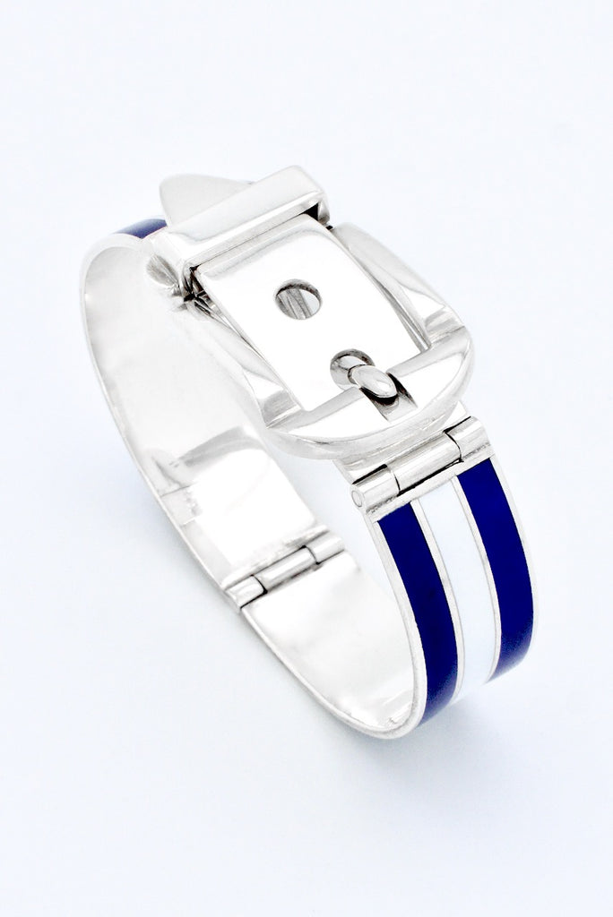 Vintage Gucci Sterling Silver Blue & White Enamel Belt Bracelet 1960s
