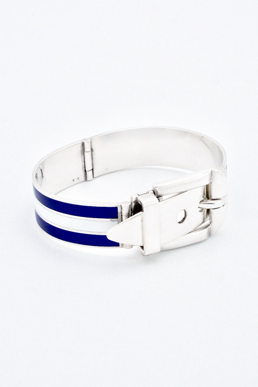 Vintage Gucci Sterling Silver Blue & White Enamel Belt Bracelet 1960s