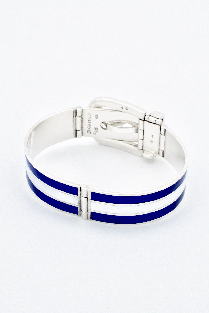 Vintage Gucci Sterling Silver Blue & White Enamel Belt Bracelet 1960s