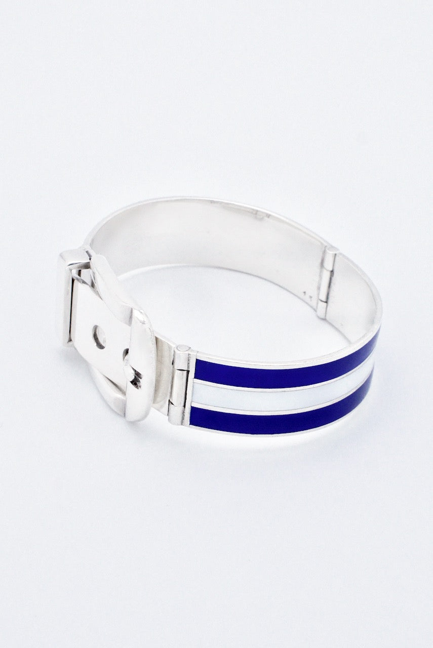 Vintage Gucci Sterling Silver Blue & White Enamel Belt Bracelet 1960s