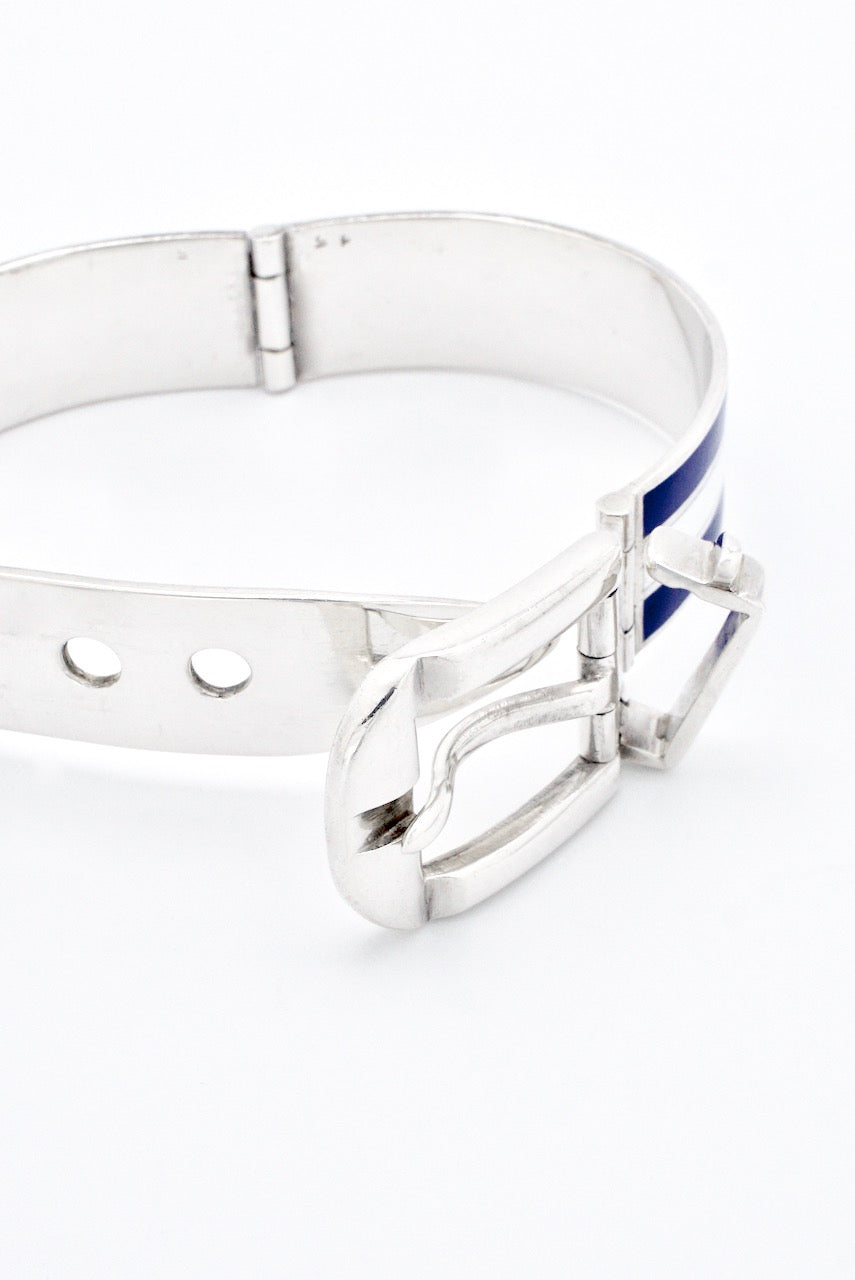 Vintage Gucci Sterling Silver Blue & White Enamel Belt Bracelet 1960s