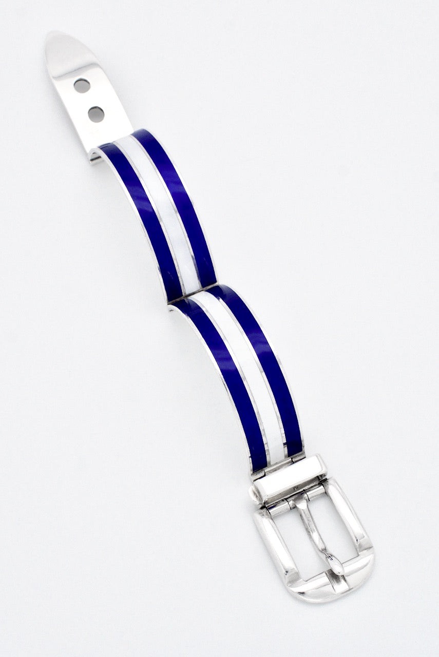 Vintage Gucci Sterling Silver Blue & White Enamel Belt Bracelet 1960s