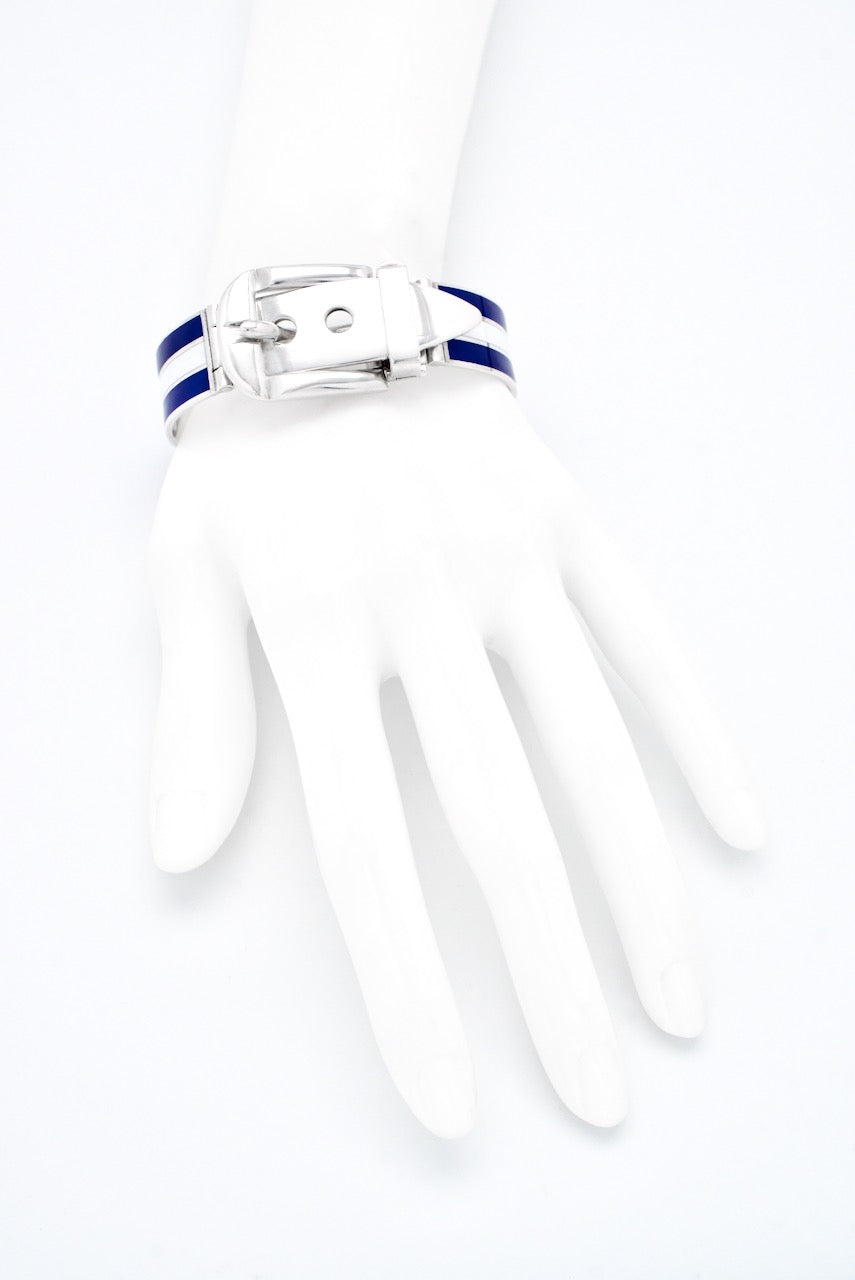 Vintage Gucci Sterling Silver Blue & White Enamel Belt Bracelet 1960s