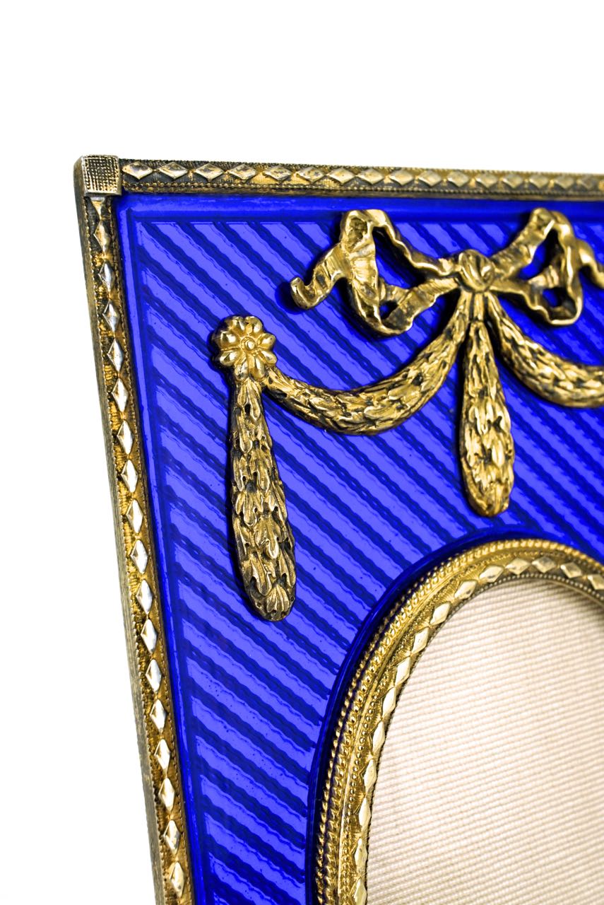 Solid silver gilt and deep blue enamel frame 1950s