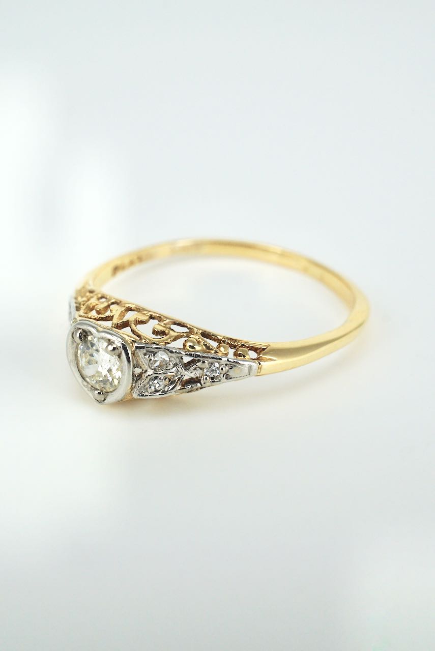 Antique Art Deco 18k Yellow Gold Platinum Diamond Heart Ring 1930s