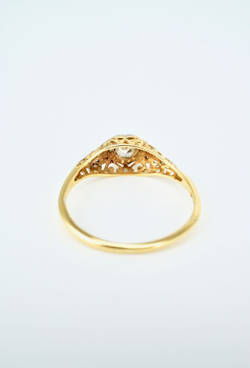 Antique Art Deco 18k Yellow Gold Platinum Diamond Heart Ring 1930s