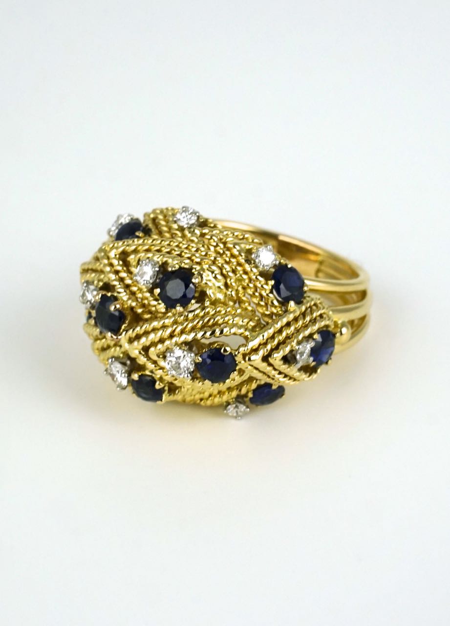 18k gold sapphire and diamond leaf dome ring 1960s