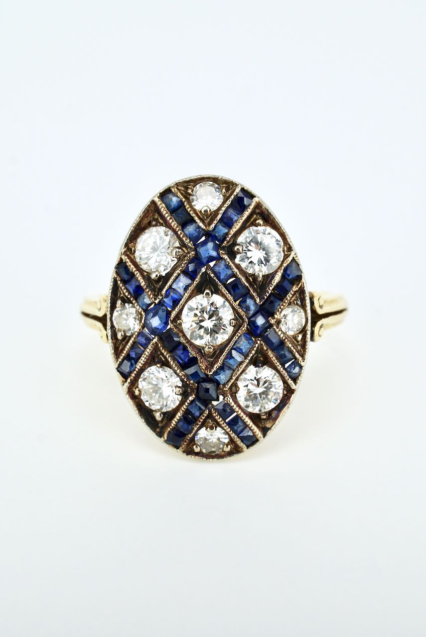 Vintage Art Deco 18k Yellow Gold Diamond Sapphire Lattice Ring
