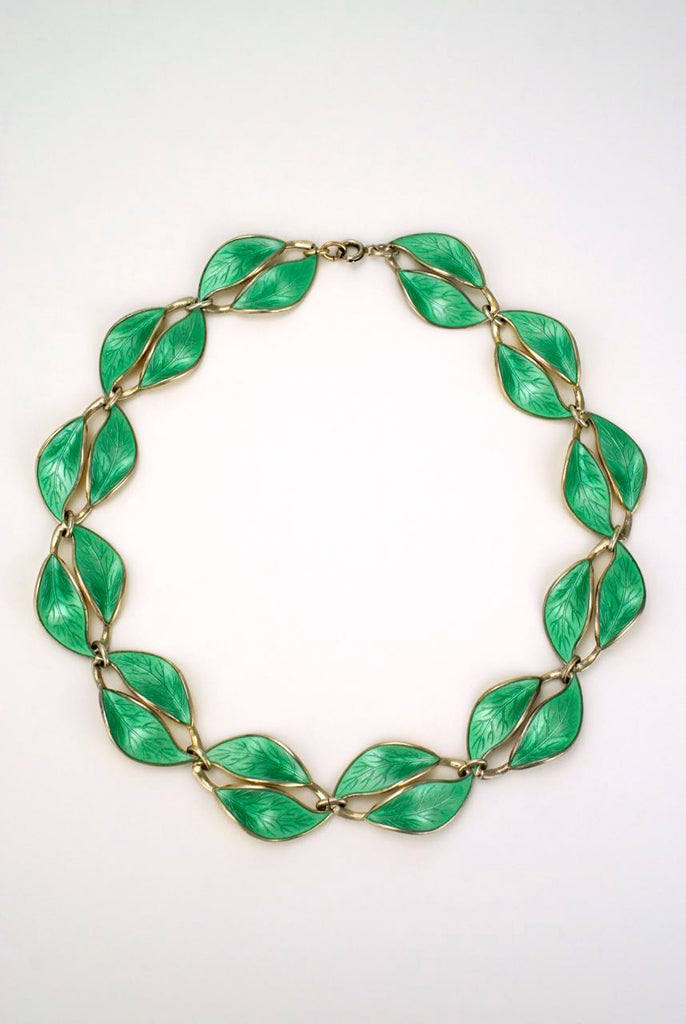 David Andersen solid silver and green enamel double leaf necklace 1950s