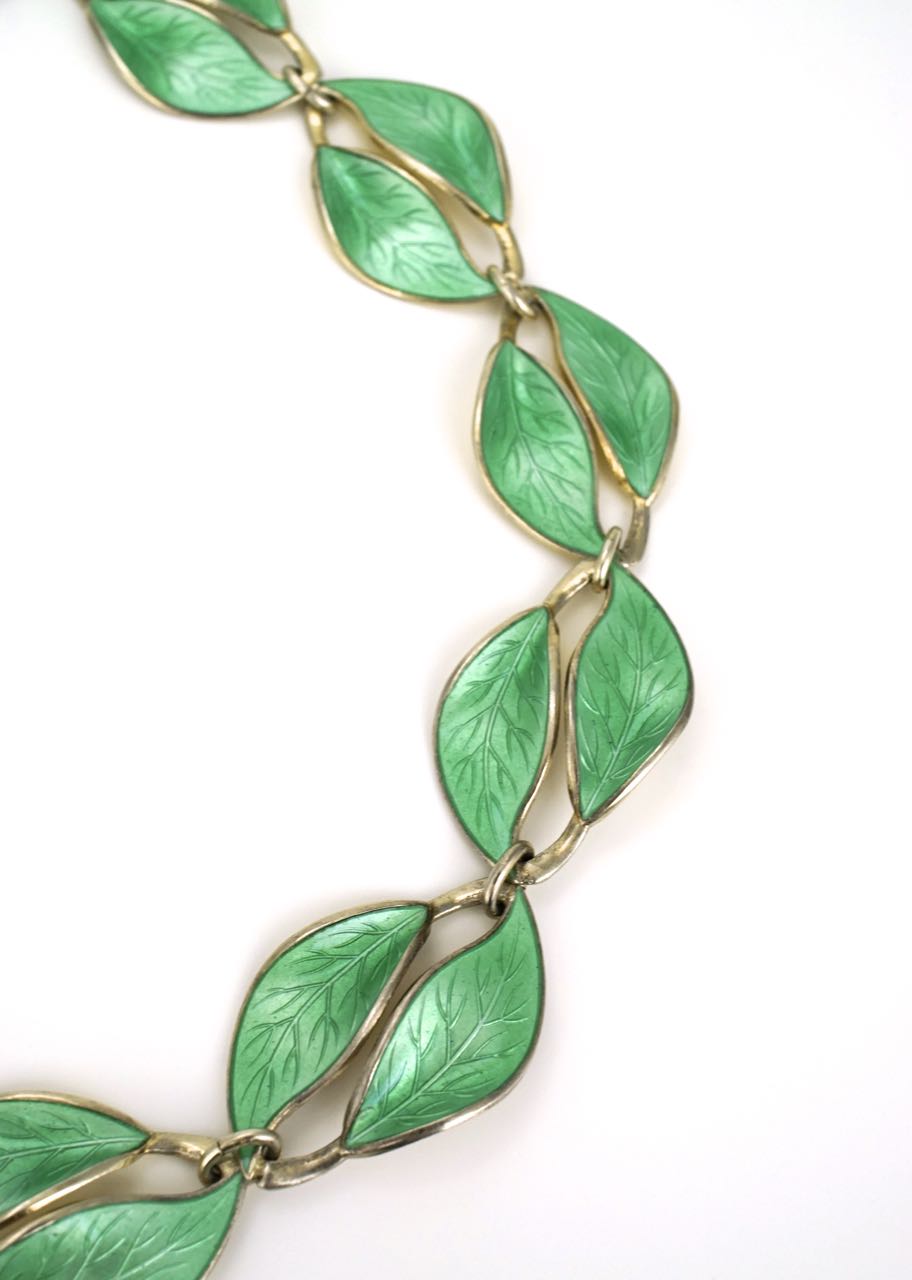 David Andersen solid silver and green enamel double leaf necklace 1950s