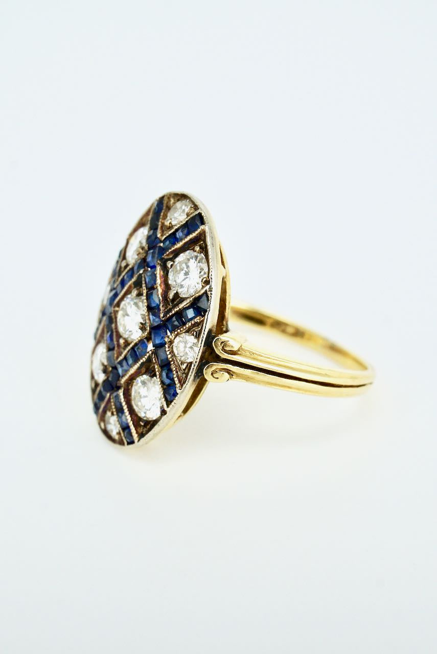 Vintage Art Deco 18k Yellow Gold Diamond Sapphire Lattice Ring