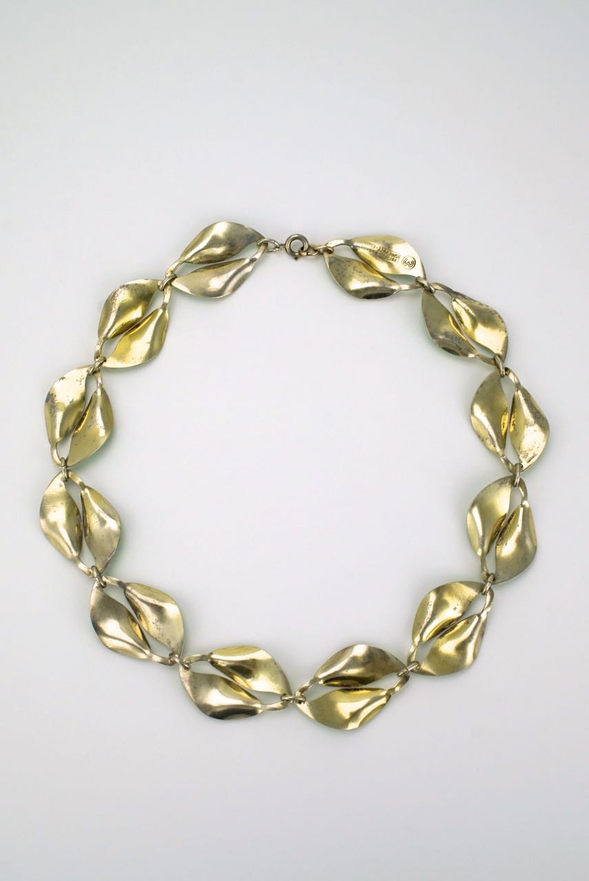 David Andersen solid silver and green enamel double leaf necklace 1950s