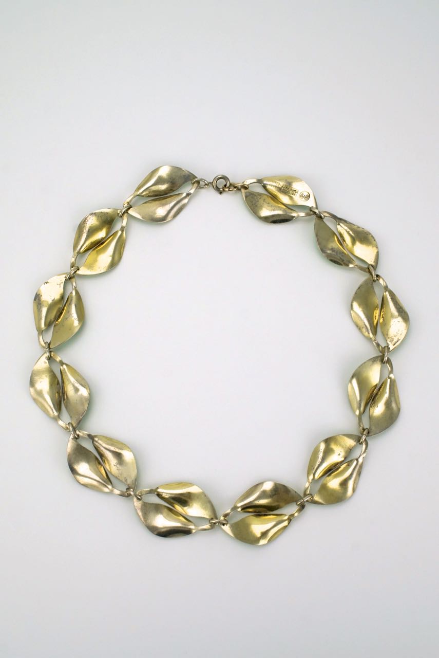 David Andersen solid silver and green enamel double leaf necklace 1950s