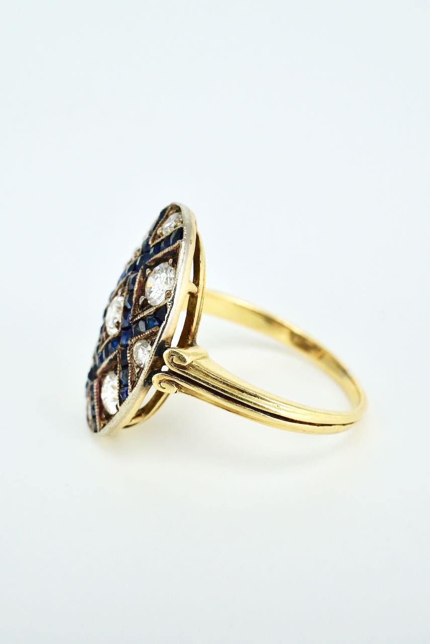 Vintage Art Deco 18k Yellow Gold Diamond Sapphire Lattice Ring