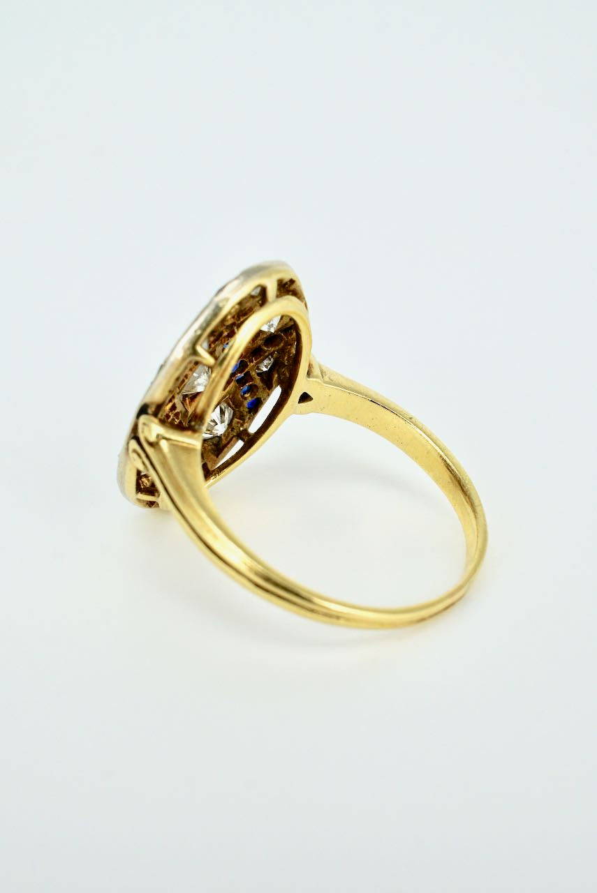 Vintage Art Deco 18k Yellow Gold Diamond Sapphire Lattice Ring