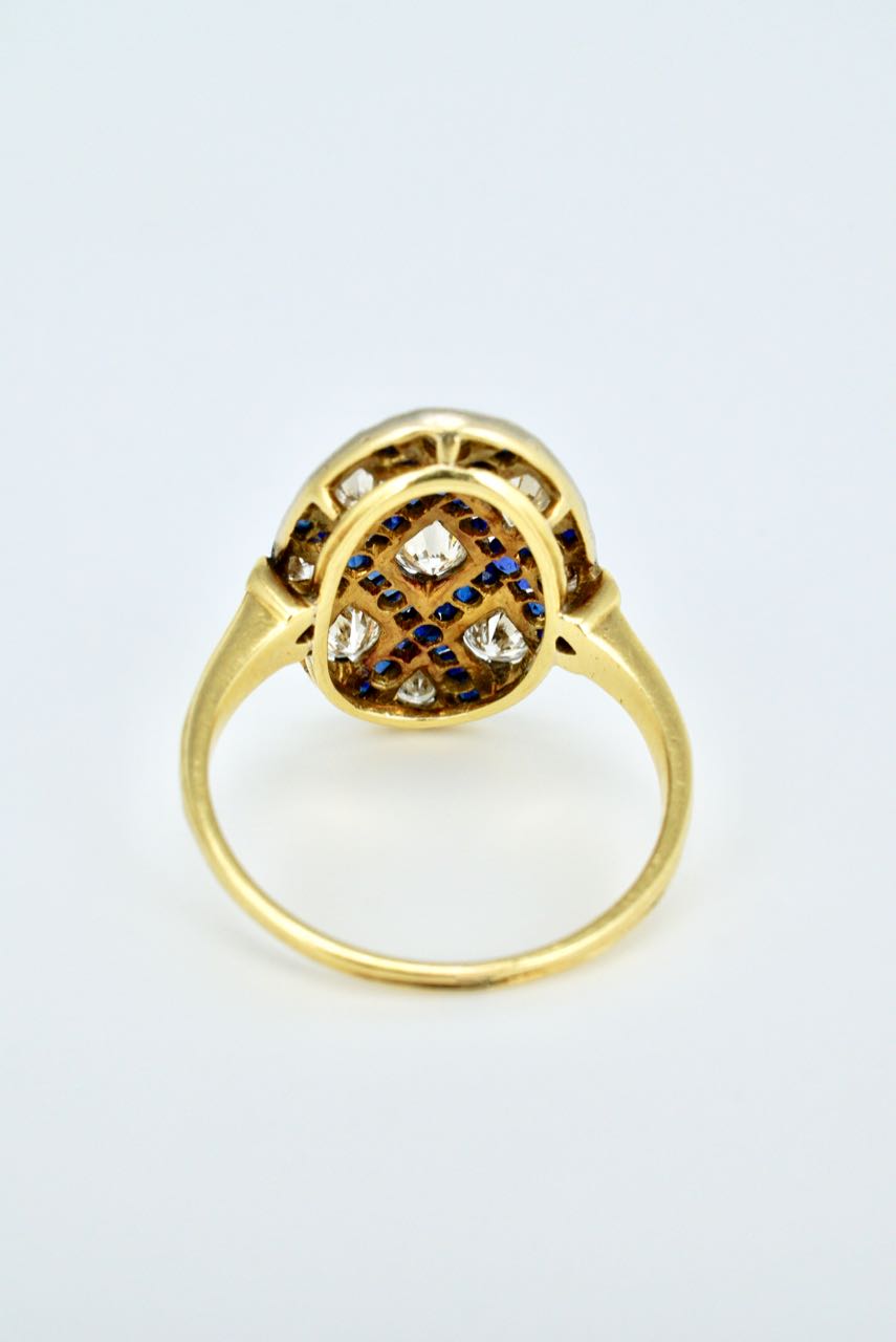 Vintage Art Deco 18k Yellow Gold Diamond Sapphire Lattice Ring
