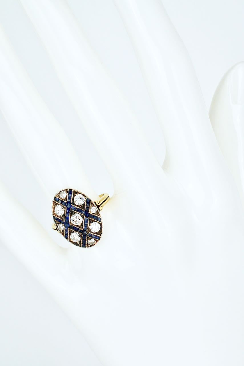 Vintage Art Deco 18k Yellow Gold Diamond Sapphire Lattice Ring