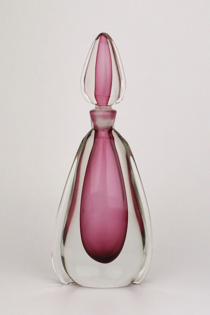 Pink and clear glass sommerso perfume bottle and powder bowl