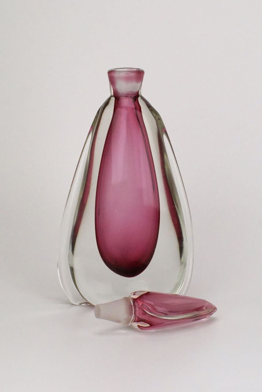 Pink and clear glass sommerso perfume bottle and powder bowl