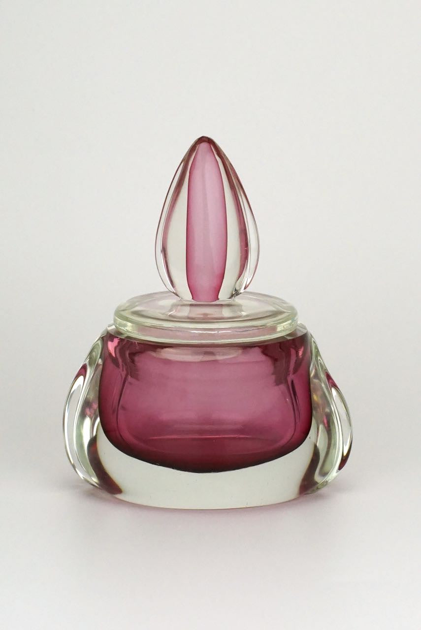 Pink and clear glass sommerso perfume bottle and powder bowl