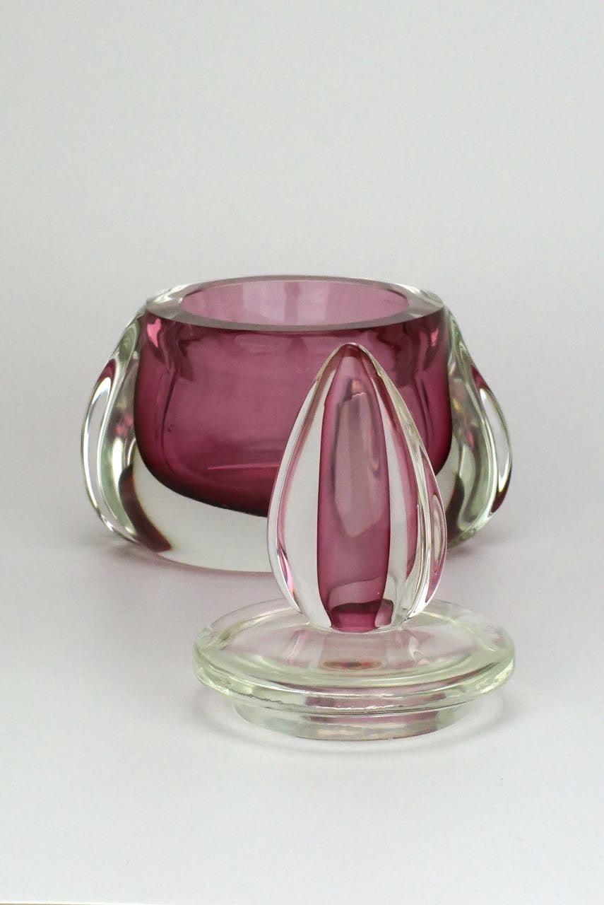 Pink and clear glass sommerso perfume bottle and powder bowl