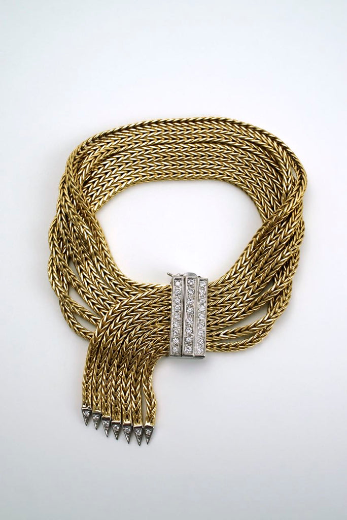 Italian 18k yellow gold and diamond chain fringe bracelet 1950s