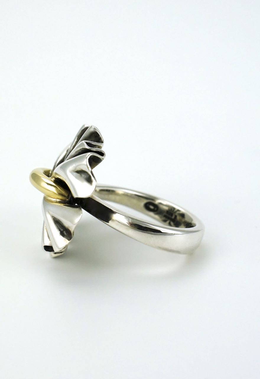 Georg Jensen silver and gold modernist bow ring - design 400 Lene Munthe