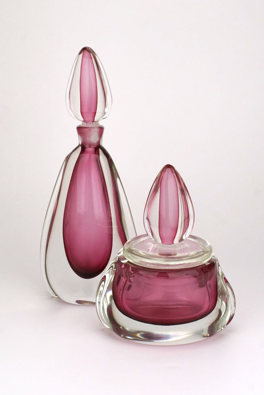 Pink and clear glass sommerso perfume bottle and powder bowl