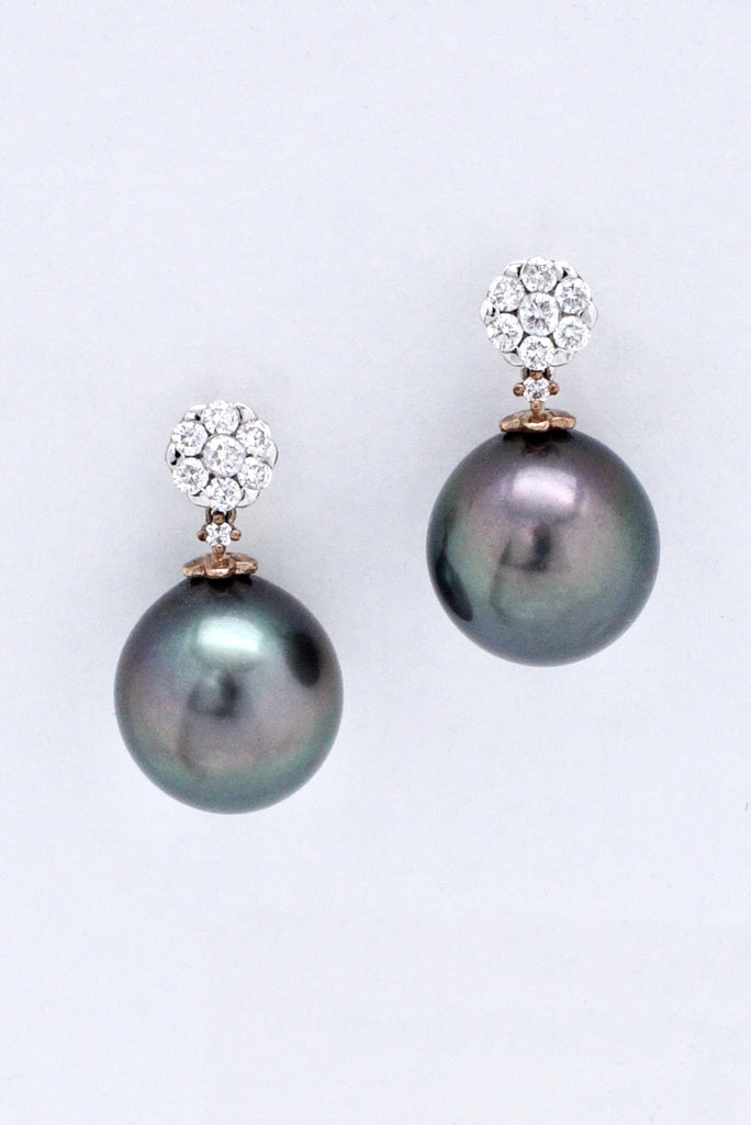 Vintage 9k Gold Diamond Black Pearl Drop Earrings