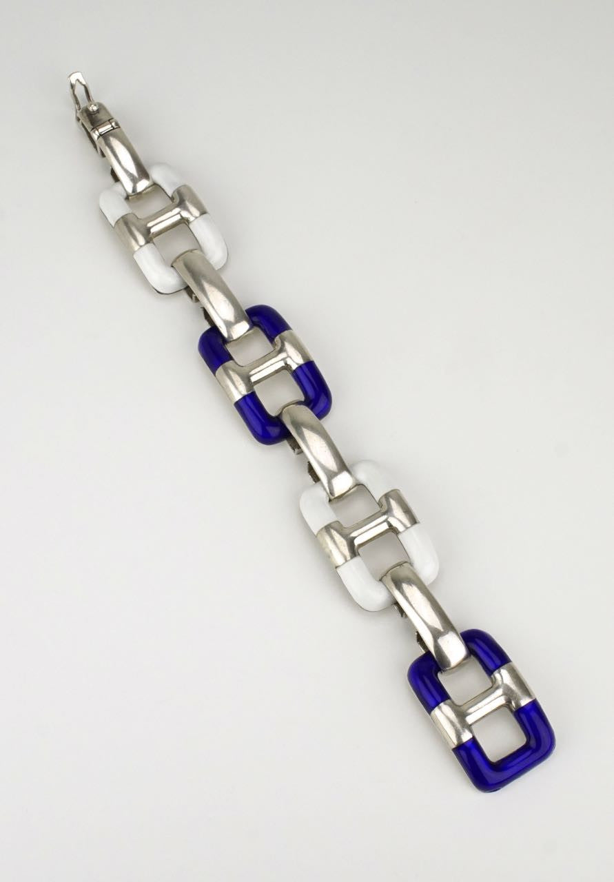 Antonio Fallaci Silver Blue and White Enamel Mariners Link Bracelet 1970s