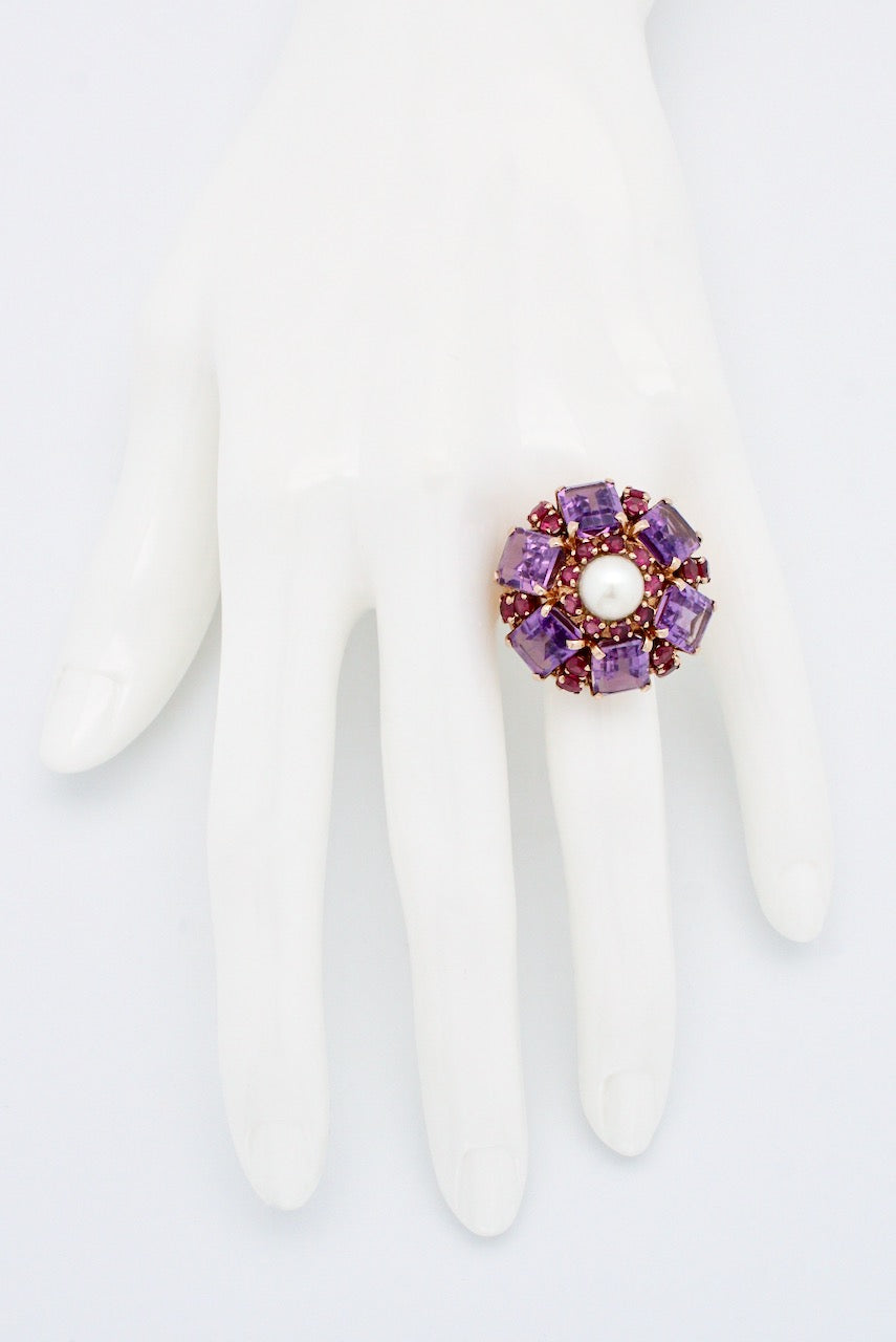 Vintage 14k Gold Pearl Amethyst and Ruby Ring