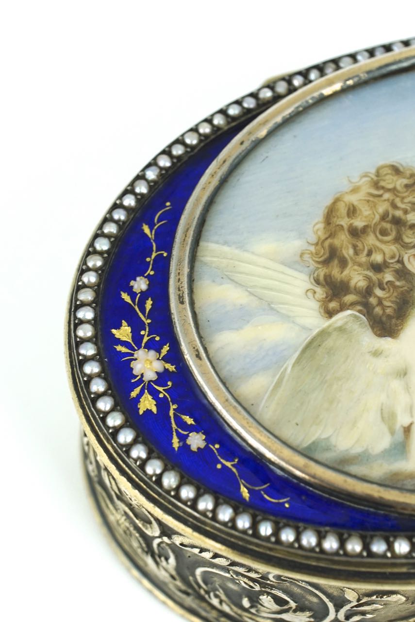 French silver enamel and pearls portrait miniature box 1890s